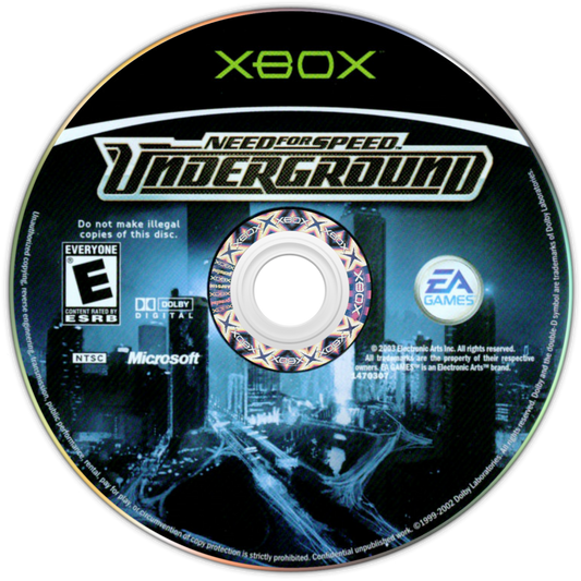 Need for Speed Underground Microsoft Xbox Original Xbox video game featuring street racing gameplay customizable cars illegal street races underground racing culture drag racing circuit races drifting performance upgrades and fast paced driving action retro video game collection collectible gaming appeal disc