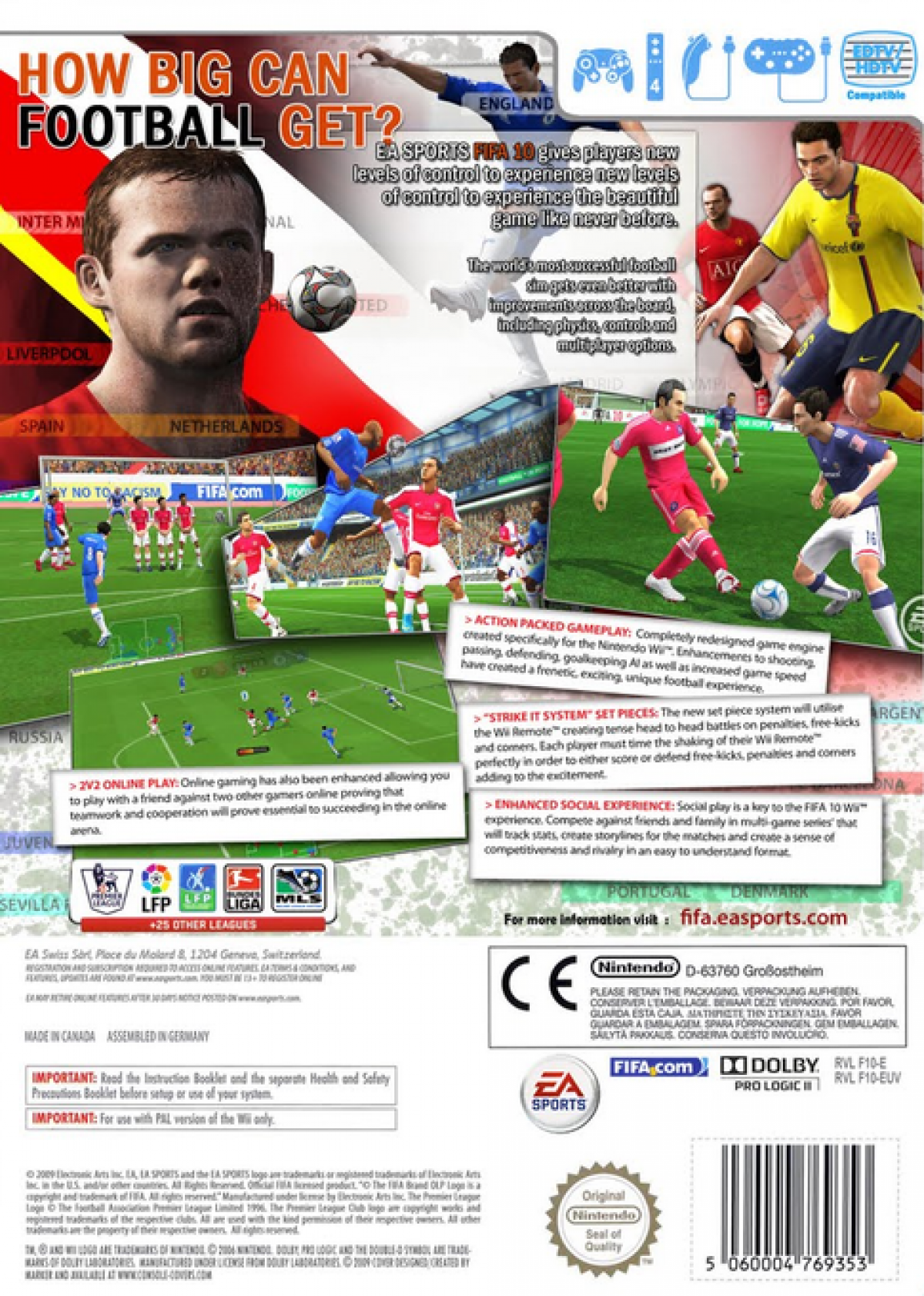 FIFA Soccer 10 Nintendo Wii video game, soccer sports simulation, motion-controlled gameplay, multiplayer, EA Sports title back cover