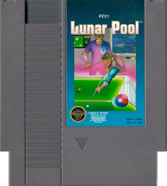 Lunar Pool Nintendo Entertainment System NES for retro video game enthusiasts featuring billiards style puzzle gameplay angled shot mechanics gravity influenced ball physics increasingly complex table layouts precision aiming challenges and classic arcade style sports puzzle action and collectible gaming appeal cart