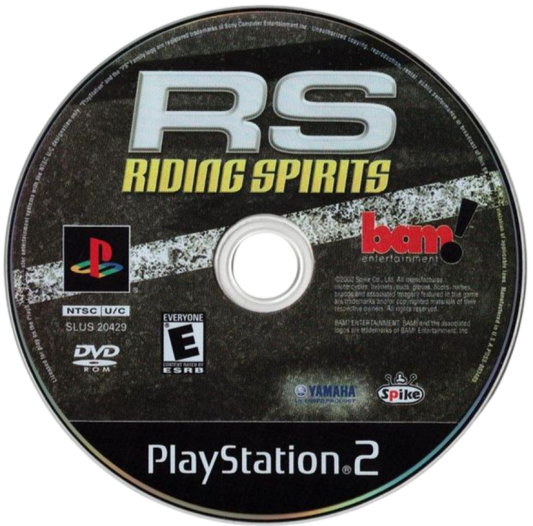 Riding Spirits – PlayStation 2 (PS2) video game disc, motorcycle racing simulation game.