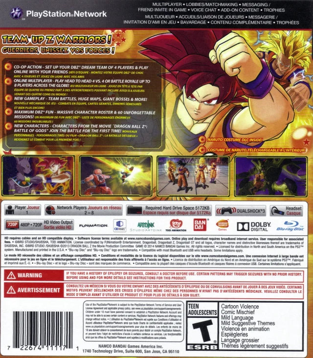 Dragon Ball Z: Battle of Z back cover art for PlayStation 3 (PS3) video game