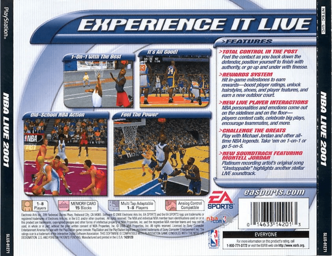 NBA Live 2001 back of case for PlayStation 1 (PS1) retro basketball video game