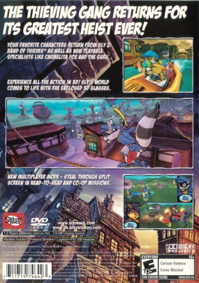 Sly 3: Honor Among Thieves – PlayStation 2 (PS2) video game back of case, action-adventure platformer.