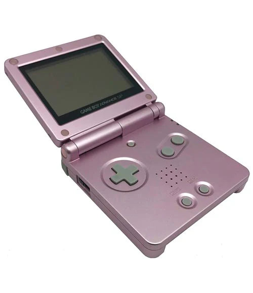 Game Boy Advance SP AGS-101 backlit pink console Nintendo Game Boy Advance GBA handheld system for retro video game enthusiasts featuring bright AGS-101 backlit screen rechargeable battery compact clamshell design portable gaming iconic Nintendo hardware compatibility with Game Boy Advance games collectible gaming appeal open view of screen