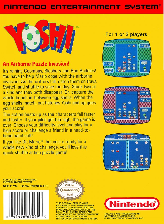 Yoshi Nintendo Entertainment System NES video game featuring puzzle gameplay falling block challenges Yoshi characters egg matching mechanics strategic play colorful Nintendo action classic 8 bit gameplay retro video game collection collectible gaming appeal back cover art