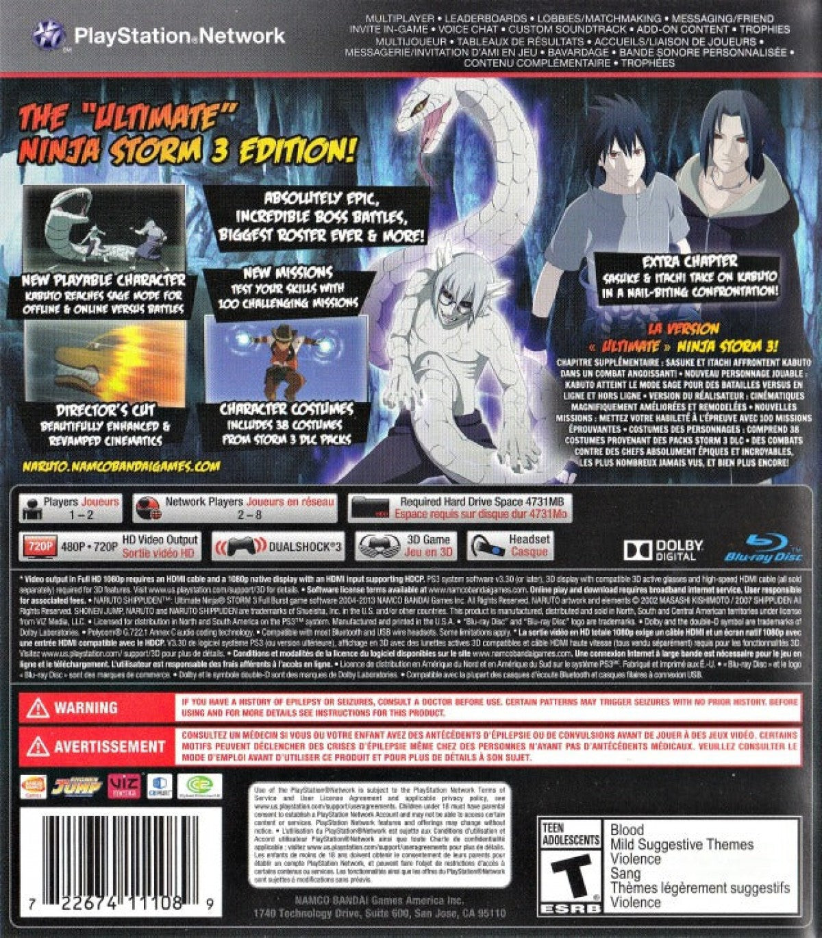 Naruto Shippuden: Ultimate Ninja Storm Full Burst PlayStation 3 PS3 video game, action fighting, anime-based combat, story-driven ninja battles, console title back cover