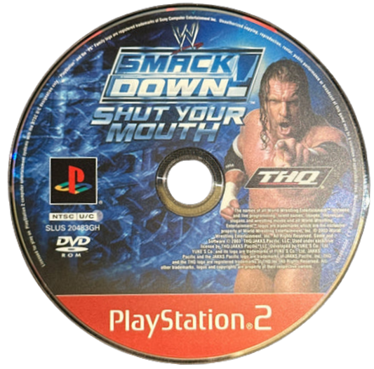 Retro WWE SmackDown Shut Your Mouth Greatest Hits PS2 inspired design featuring classic wrestling entertainment aesthetic vintage PlayStation 2 arena combat superstar roster grappling strikes entrances storyline mode sports entertainment chaos nostalgic WWE wrestling game presentation - disc