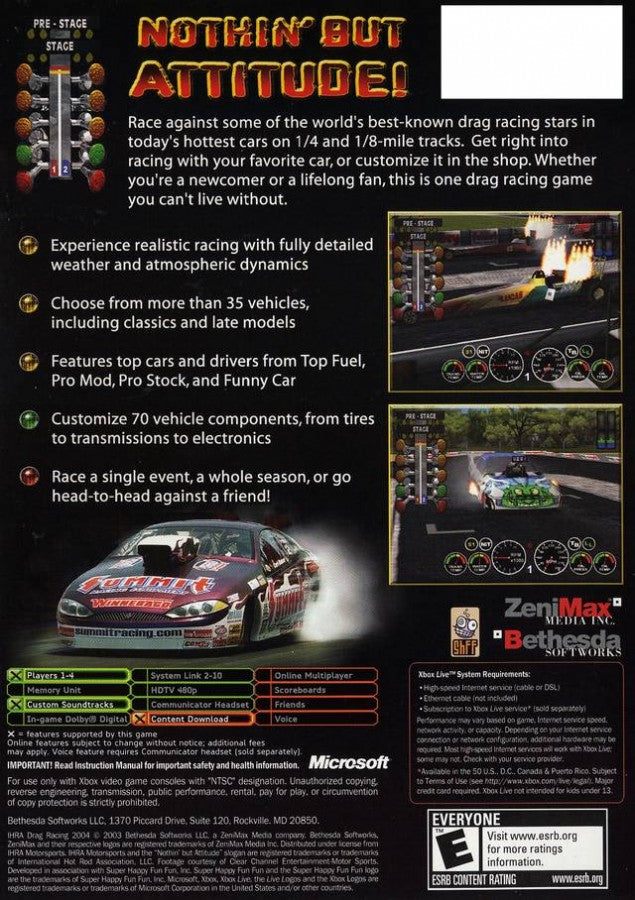 IHRA Drag Racing 2004 back cover art for Microsoft XBOX video game.