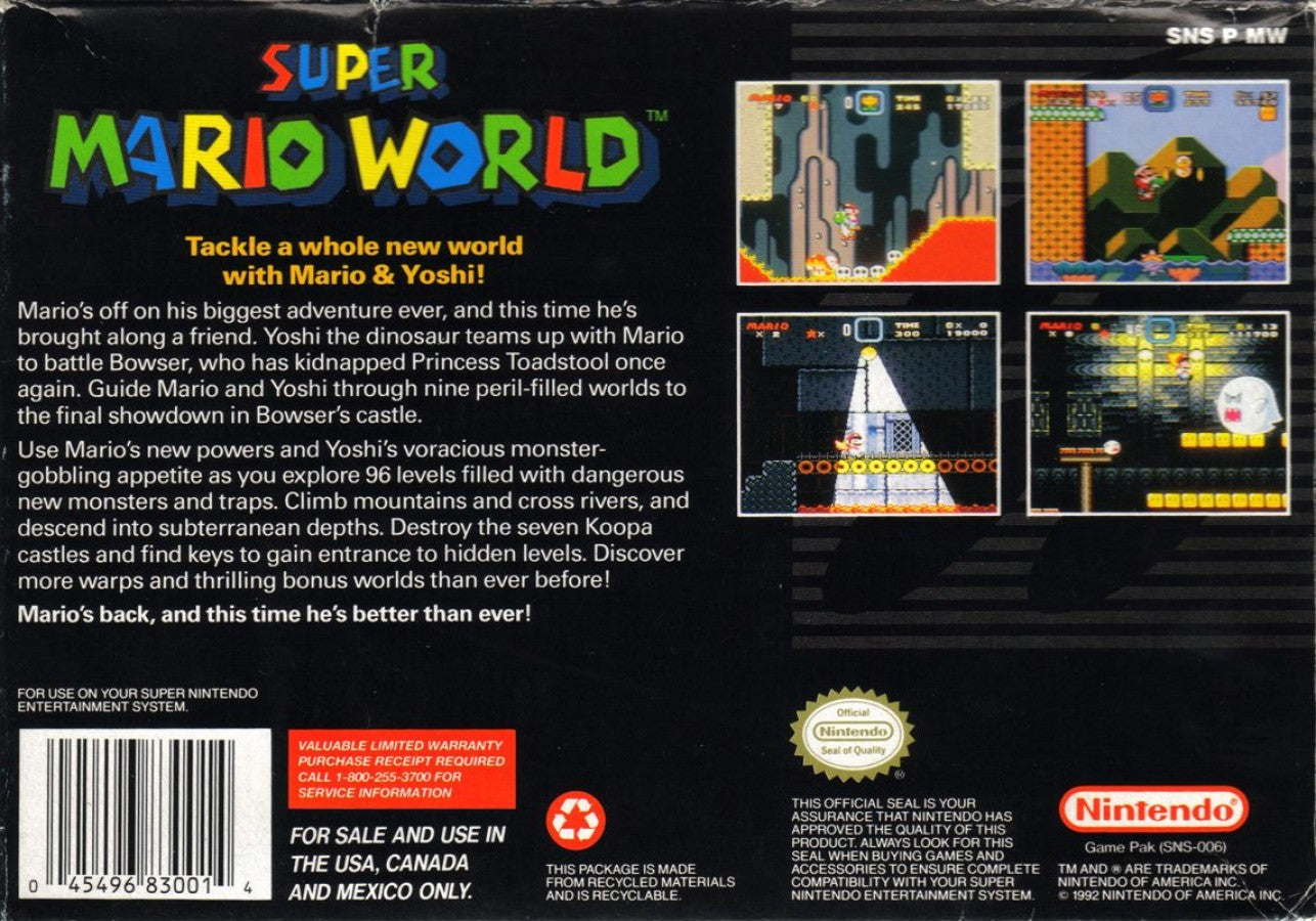 Super Mario World back of case for Super Nintendo Entertainment System (SNES) retro video game