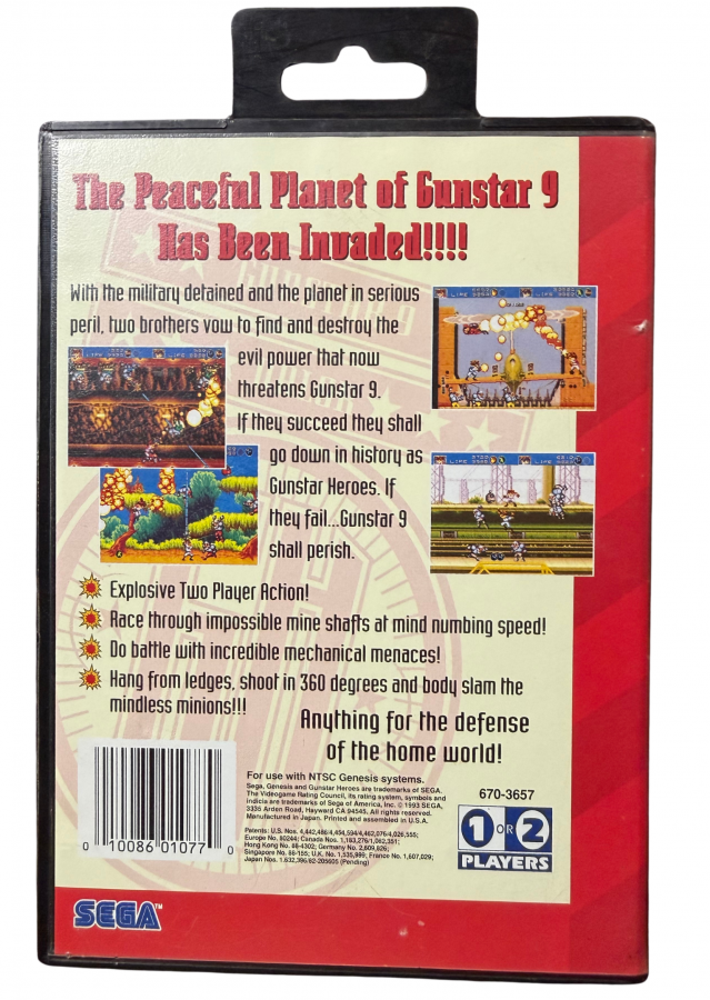 Gunstar Heroes Sega Genesis video game cartridge classic 16 bit action shooter for retro gaming collectors Sega fans vintage video game enthusiasts Genesis game collection and classic gaming enthusiasts back cover art
