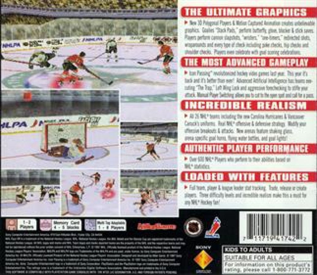NHL FaceOff 98 back of case for PlayStation 1 (PS1) retro ice hockey video game