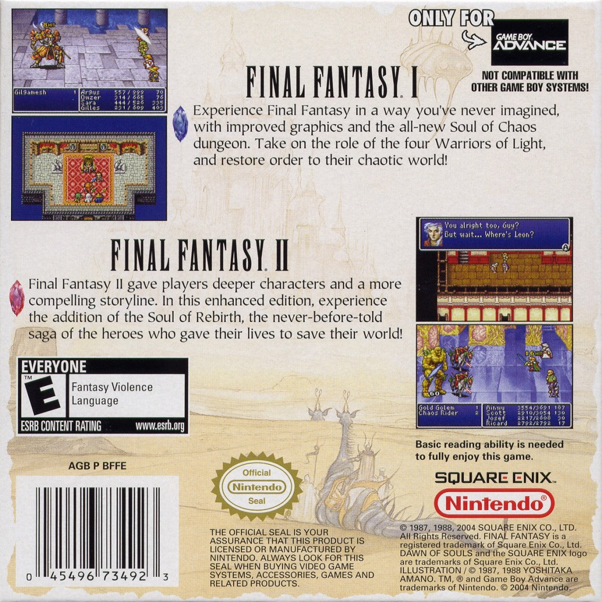 Final Fantasy I & II Dawn of Souls cartridge for the Game Boy Advance featuring classic turn based RPG gameplay with enhanced versions of the original Final Fantasy I and II including updated graphics additional dungeons and quality of life improvements back cover art