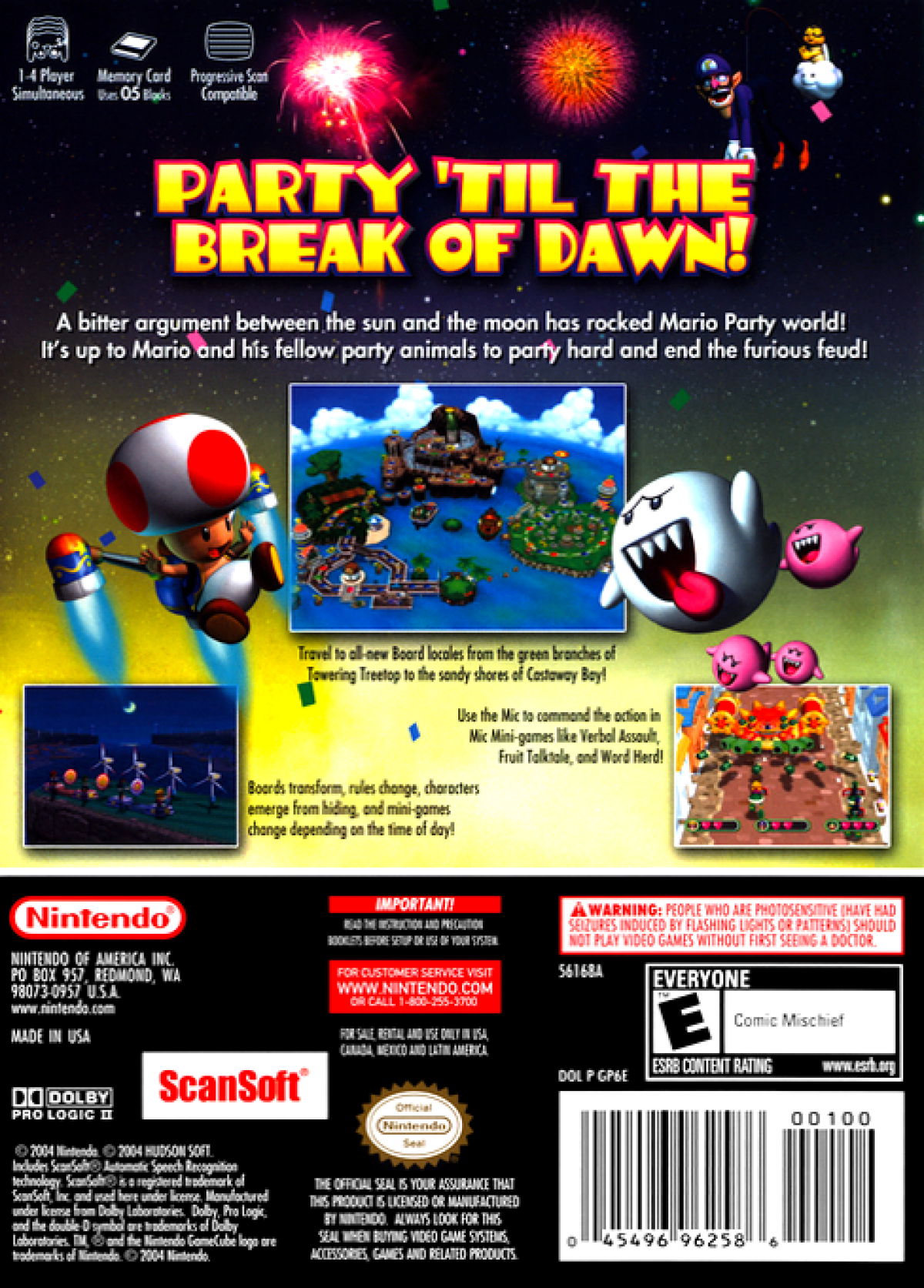 Mario Party 6 game for the Nintendo GameCube featuring party style gameplay with board game mechanics day and night cycle system mini games multiplayer modes and competitive challenges starring Mario and friends across themed boards back cover