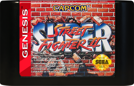 Super Street Fighter II cartridge for the Sega Genesis featuring 16 bit fighting gameplay with a large roster of characters special moves competitive versus matches and arcade style combat action cartridge