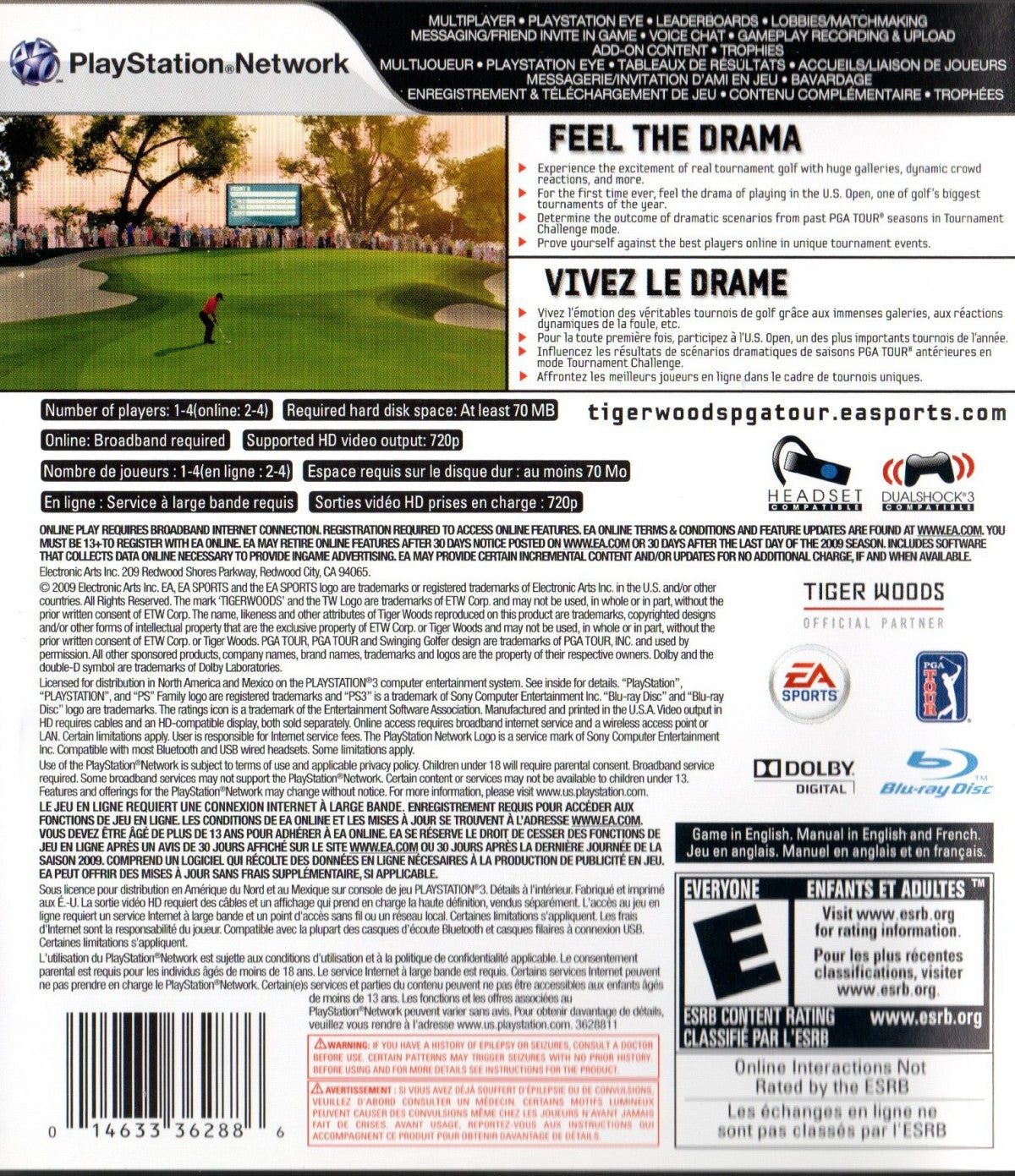 Tiger Woods PGA Tour 10 PlayStation 3 golf simulation video game featuring the US Open at Bethpage Black precision putting controls real-time weather from The Weather Channel and Tournament Challenge mode reliving historic golf moments back cover