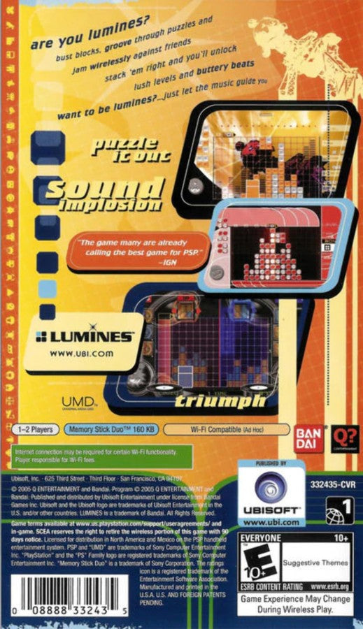 Lumines back cover art for Playstation Portable video game.
