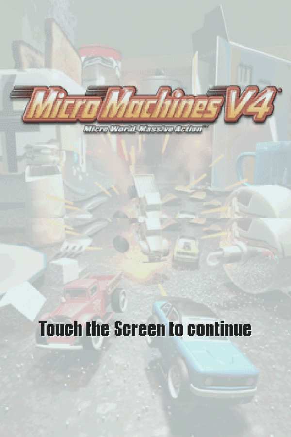 Micro Machines V4 start screen for Nintendo DS (DS) miniature arcade racing video game