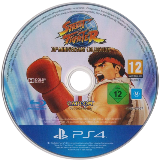 Street Fighter 30th Anniversary Collection PEGI rated PlayStation 4 fighting game compilation twelve classic arcade titles Street Fighter I Street Fighter II series Street Fighter Alpha series Street Fighter III series arcade perfect ports online multiplayer training museum mode Capcom fighting legacy collection disc