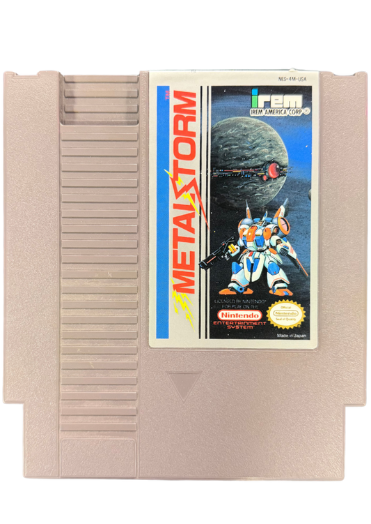 Metal Storm Nintendo Entertainment System NES for retro video game enthusiasts featuring side scrolling action platforming gameplay gravity switching mechanics futuristic robot combat challenging sci fi levels precision platforming and collectible gaming appeal cartridge