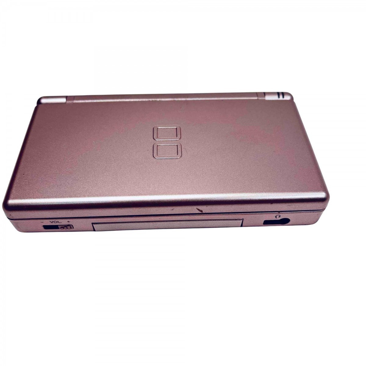 Rose Gold Nintendo DS Lite featuring dual screens, compact design, and elegant metallic finish closed top view