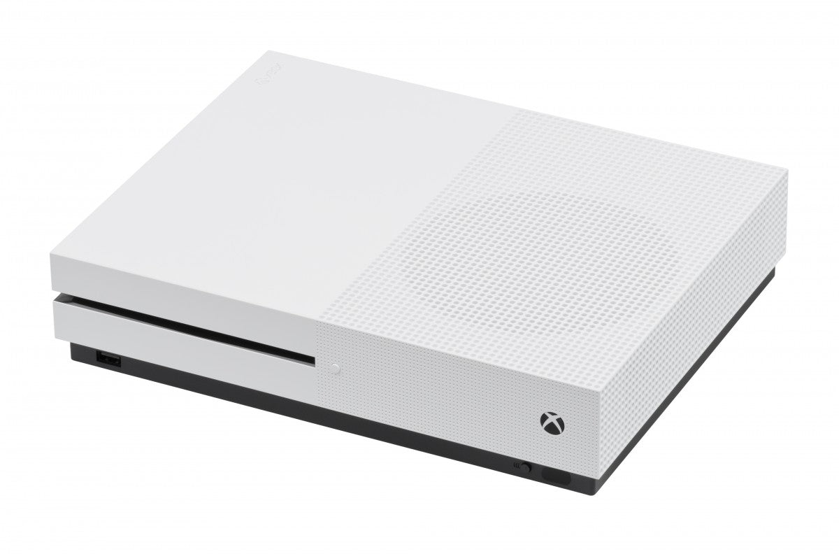 Front view of the entire Xbox One S console with power button and disc slot visible
