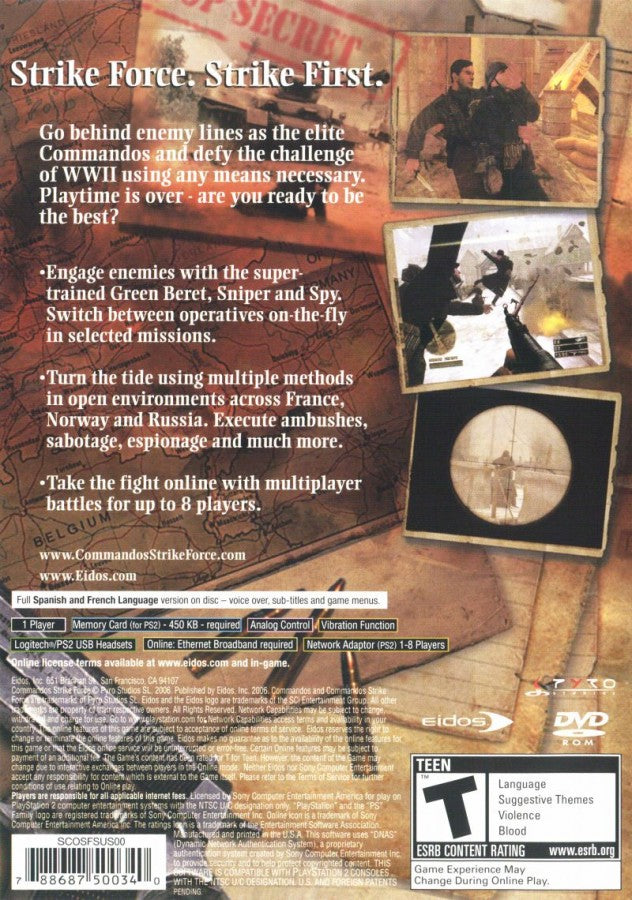 Commandos Strike Force PlayStation 2 PS2 for tactical first person shooter video game fans featuring World War II missions stealth gameplay elite commando squad strategic objectives sniper action espionage infiltration cooperative style squad mechanics immersive military campaign collectible gaming appeal back cover art