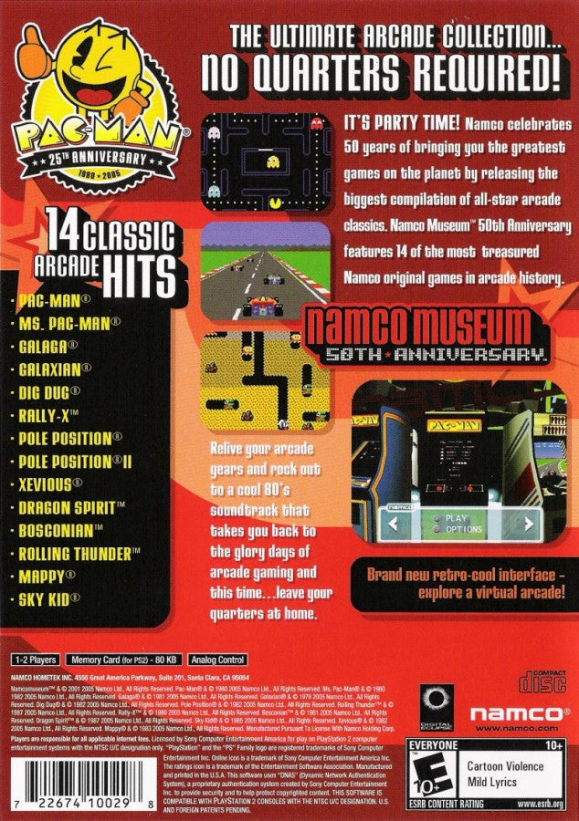 Namco 50th Anniversary PlayStation 2 PS2 for retro video game enthusiasts featuring classic arcade game compilation gameplay iconic Namco titles including action shooter racing maze and platforming favorites nostalgic retro gaming entertainment and collectible gaming appeal back cover art