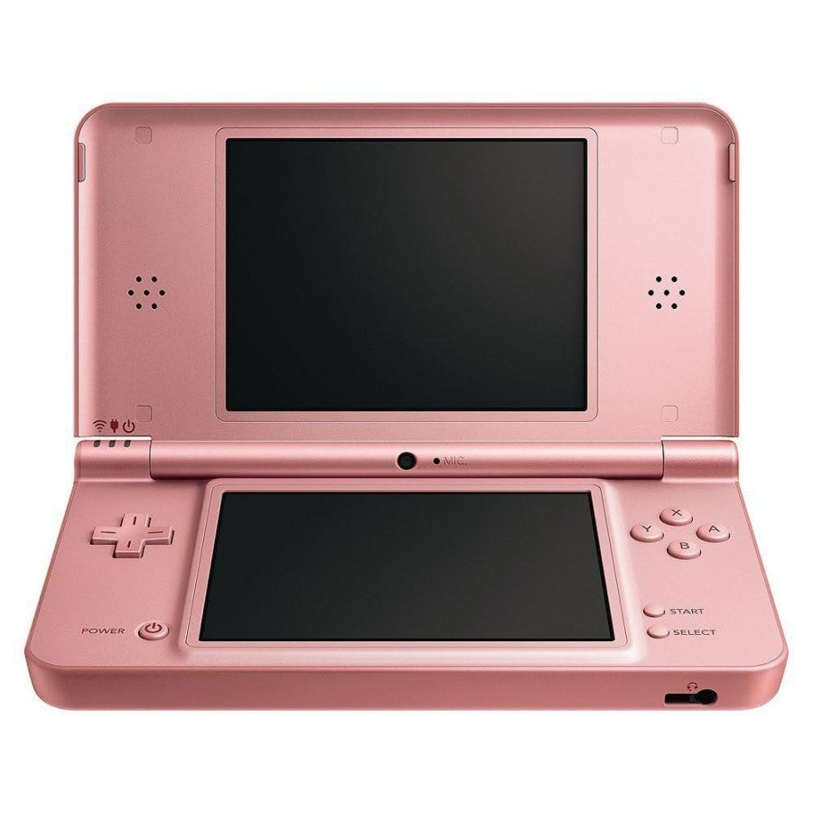 Opened Nintendo DSi XL in rose pink showing dual screens, hinge, and control buttons