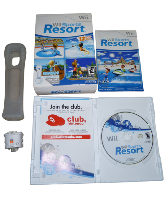 Wii Sports Resort Wii MotionPlus bundle Nintendo Wii video game, complete in box CIB, motion-controlled sports gameplay, family-friendly multiplayer title contents
