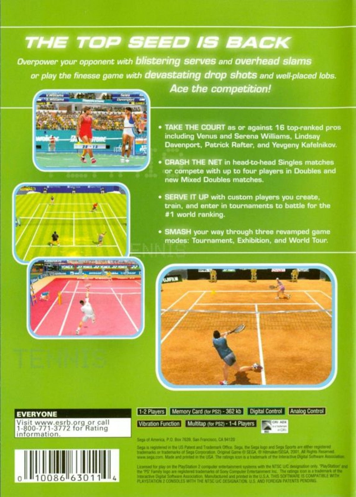 Sega Sports Tennis – PlayStation 2 (PS2) video game back of case, sports game.