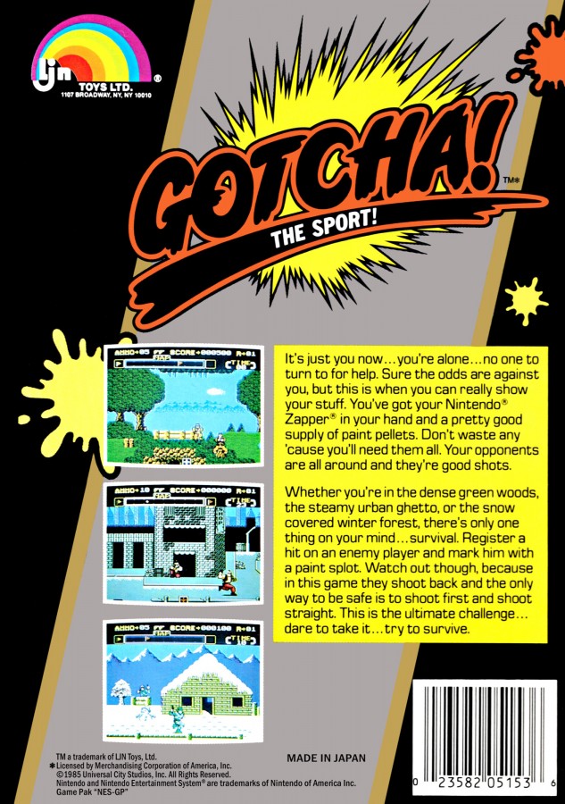 Gotcha The Sport Nintendo Entertainment System NES for retro video game enthusiasts featuring light gun compatible action gameplay paintball inspired battles fast paced target shooting competitive multiplayer fun colorful arenas and collectible gaming appeal back art