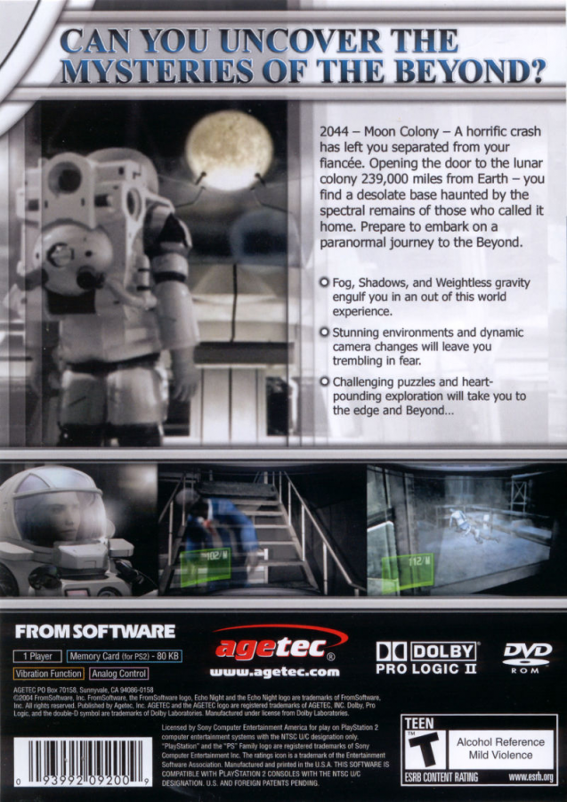 Echo Night Beyond PS2 PlayStation 2 survival horror first person adventure game ghost story space station exploration supernatural mystery retro video game back of case