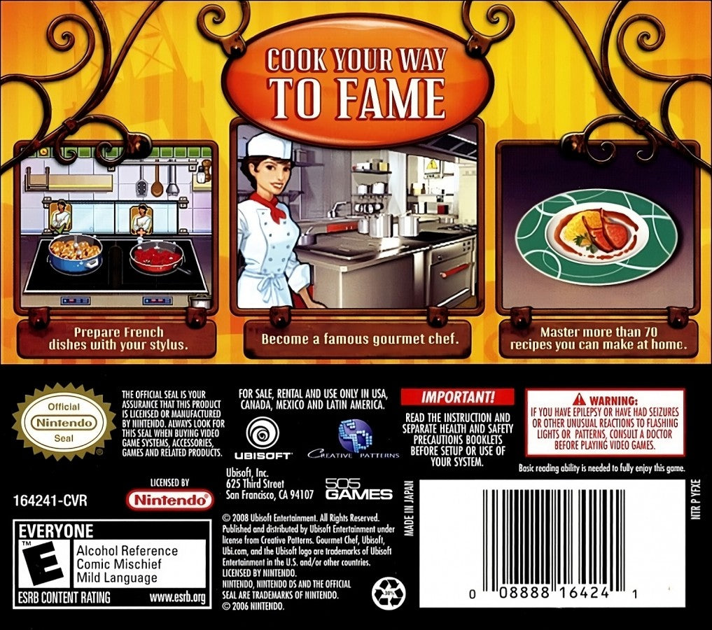 Gourmet Chef Cook Your Way to Fame for Nintendo DS cooking simulation game featuring recipe preparation time management kitchen challenges stylus based controls and a career driven culinary gameplay experience back cover
