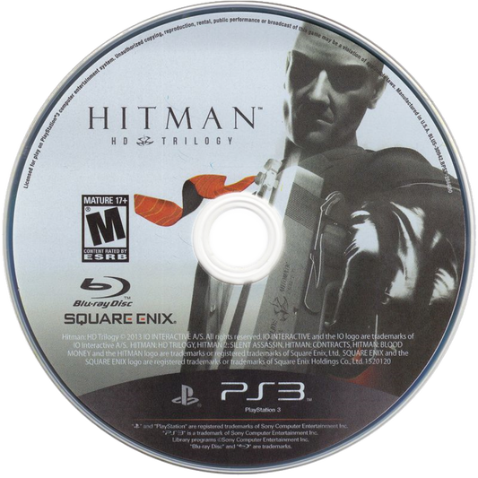 Hitman Trilogy HD PlayStation 3 PS3 video game collection, stealth action gameplay, Agent 47 missions, remastered classic Hitman titles disc art