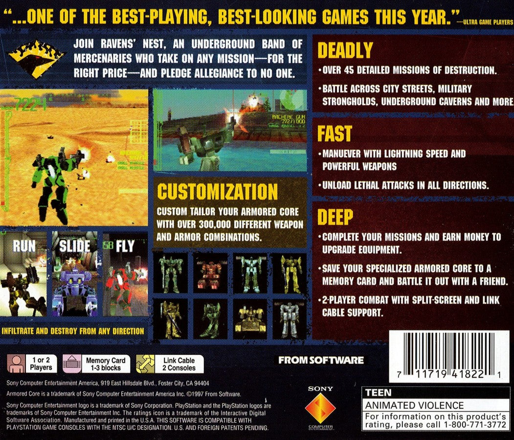 Armored Core PS1 PlayStation 1 mech combat action simulation game customizable robots sci fi battles mission based gameplay retro video game back of case