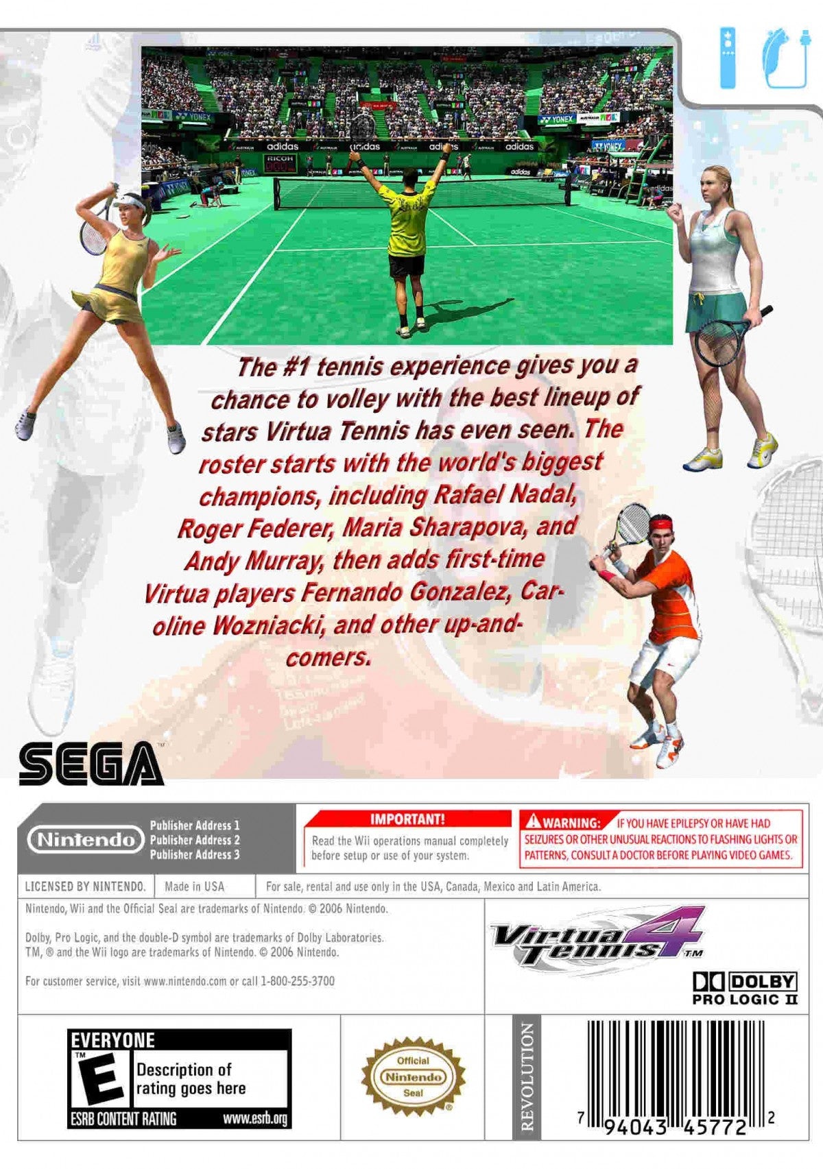 Virtua Tennis 4 back cover art for Nintendo Wii (Wii) video game