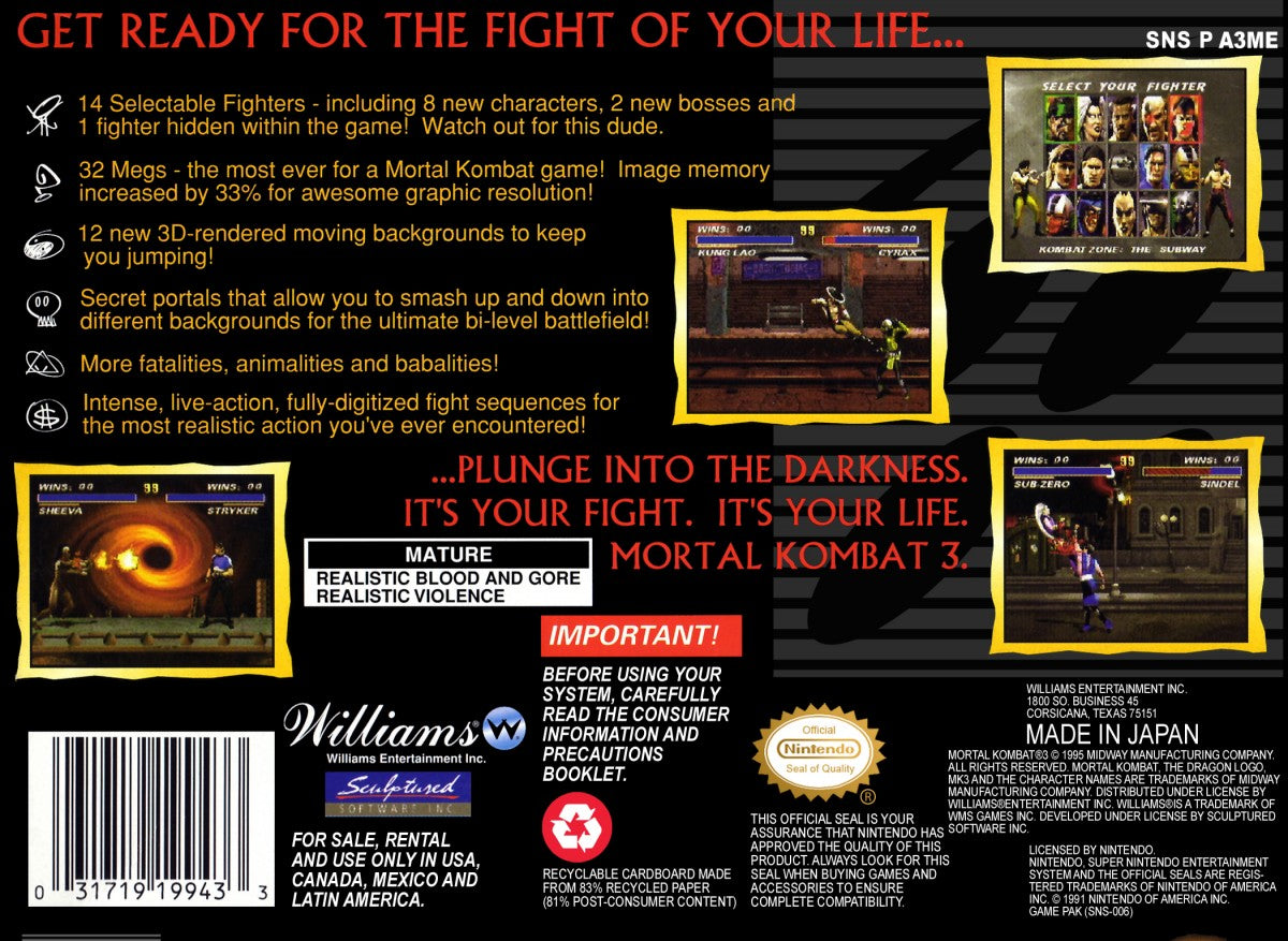 Mortal Kombat 3 Super Nintendo Entertainment System SNES video game, fighting action, arcade-style combat, classic Mortal Kombat franchise title back cover