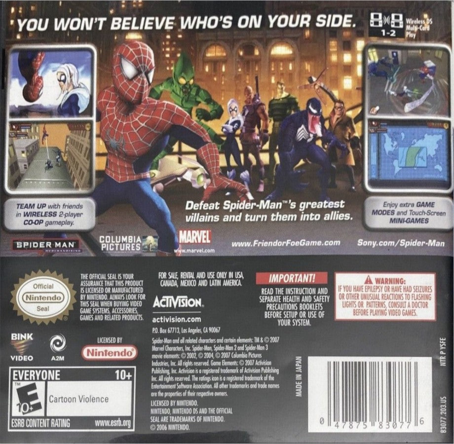 Spider-Man Friend or Foe for Nintendo DS (DS), back of case for a retro video game featuring action-adventure gameplay, beat-em-up combat, character-based missions, co-op mechanics, and superhero-themed battles