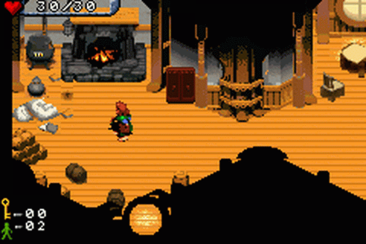 The Hobbit on Gameboy Advance Pixel art game scene with a character in a room with a fireplace gameplay