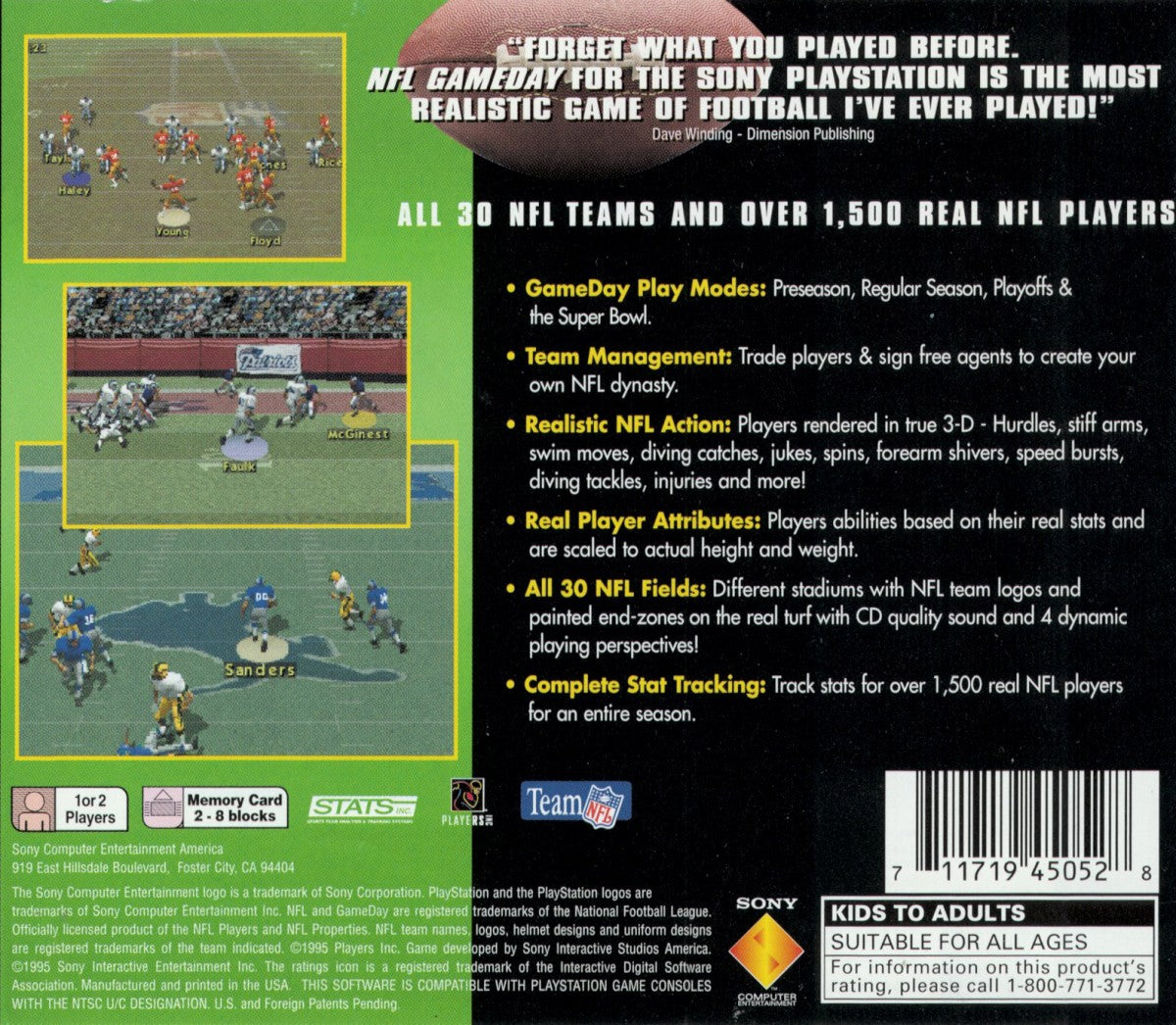 NFL GameDay PS1 PlayStation 1 American football sports game simulation gameplay Madden rival NFL teams season mode retro video game back cover art