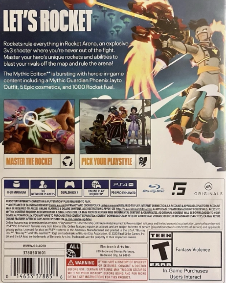 Rocket Arena – PlayStation 4 (PS4) video game back of case, team-based third-person shooter