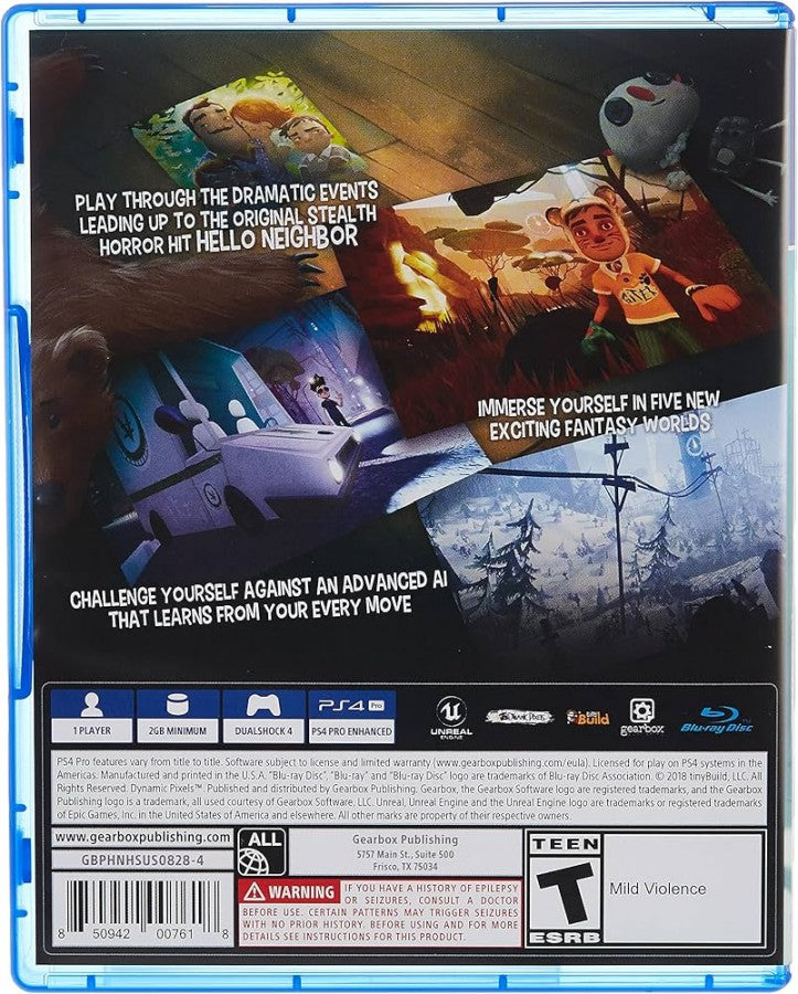 Hello Neighbor Hide & Seek back cover art for PlayStation 4 video game.