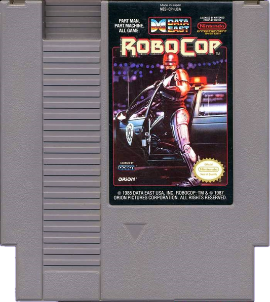 RoboCop NES Nintendo Entertainment System action platformer shooter side scrolling gameplay crime fighting cyborg police Detroit arcade style Data East retro 8 bit gaming cartridge video game title cartridge