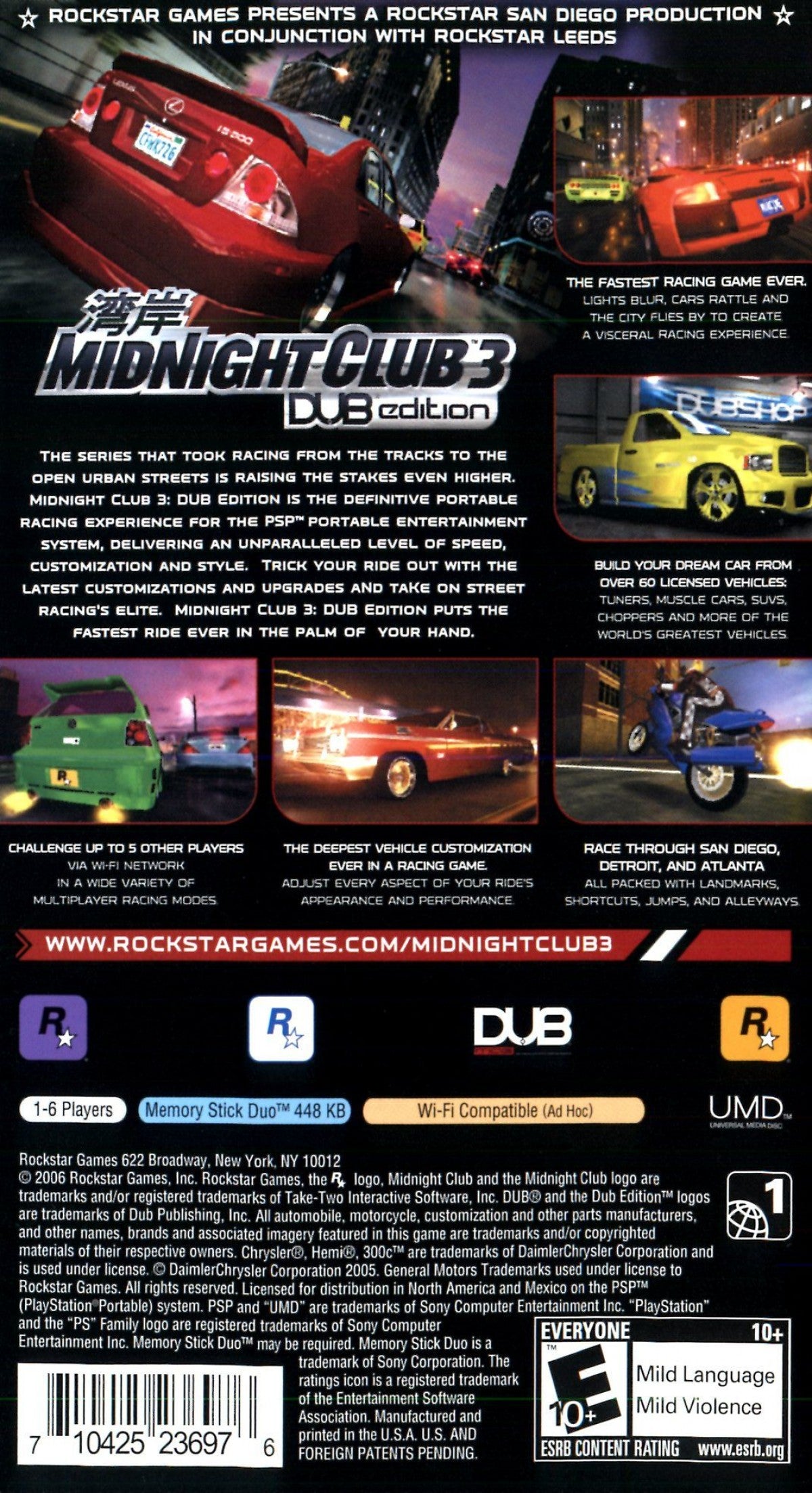 Midnight Club 3 DUB Edition for PlayStation Portable, back of case for an open-world racing video game with street racing gameplay, car customization, fast-paced driving, and urban environments