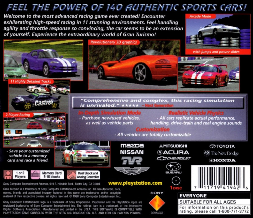 Gran Turismo Greatest Hits PlayStation 1 PS1 for racing video game fans featuring realistic driving simulation licensed cars detailed tracks championship events vehicle tuning license tests and competitive racing gameplay classic Polyphony Digital PlayStation gaming collectible appeal back cover art