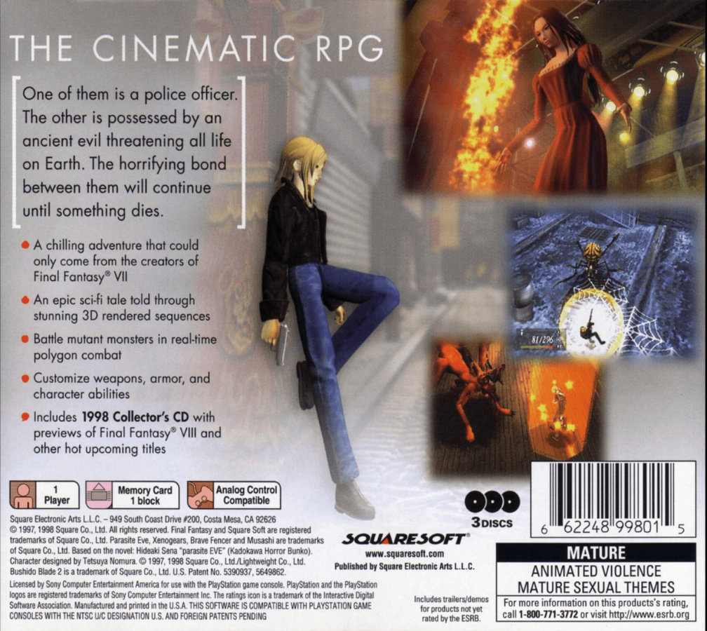 Parasite Eve back of case for PlayStation 1 (PS1) survival horror RPG video game