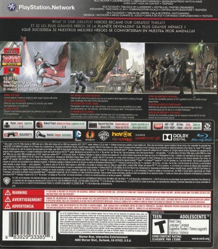 Injustice Gods Among Us PlayStation 3 PS3 for retro video game enthusiasts featuring superhero fighting gameplay iconic DC Comics character roster competitive one on one battles special abilities cinematic story mode combo driven combat mechanics and collectible gaming appeal back art