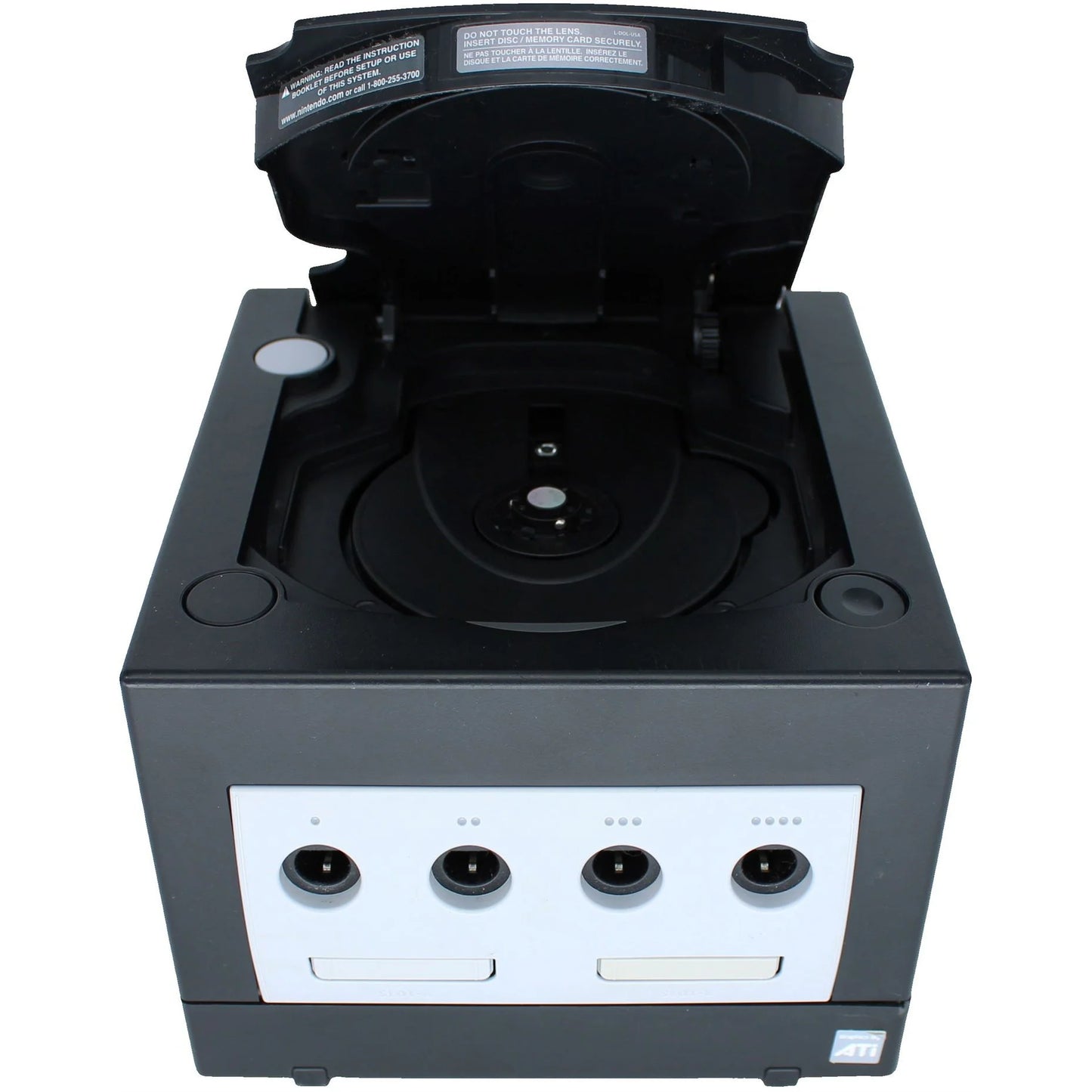 Nintendo GameCube console with lid open, showing disc tray inside cube design.