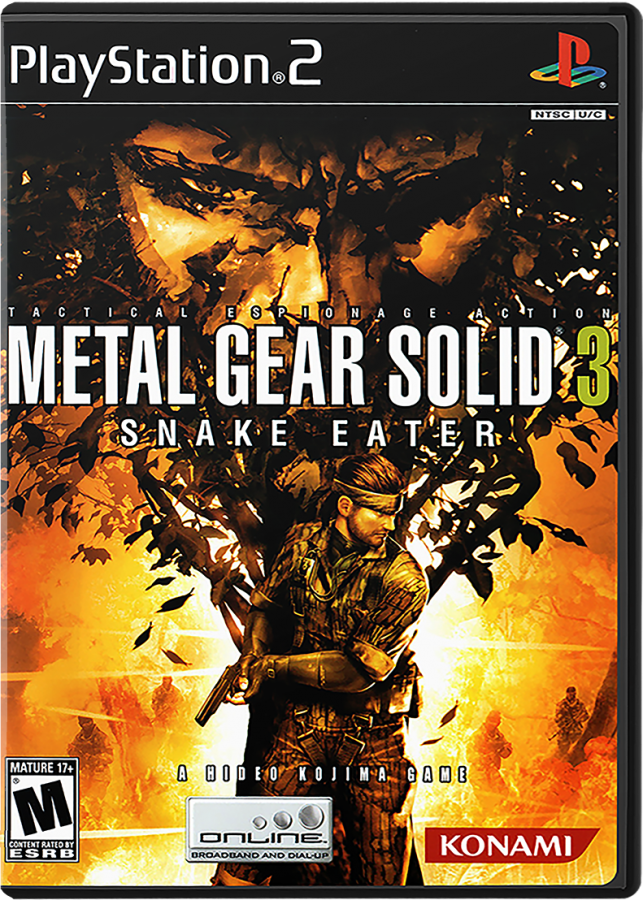 Metal Gear Solid 3 Snake Eater cover art for Playstation 2 (PS2) video game.