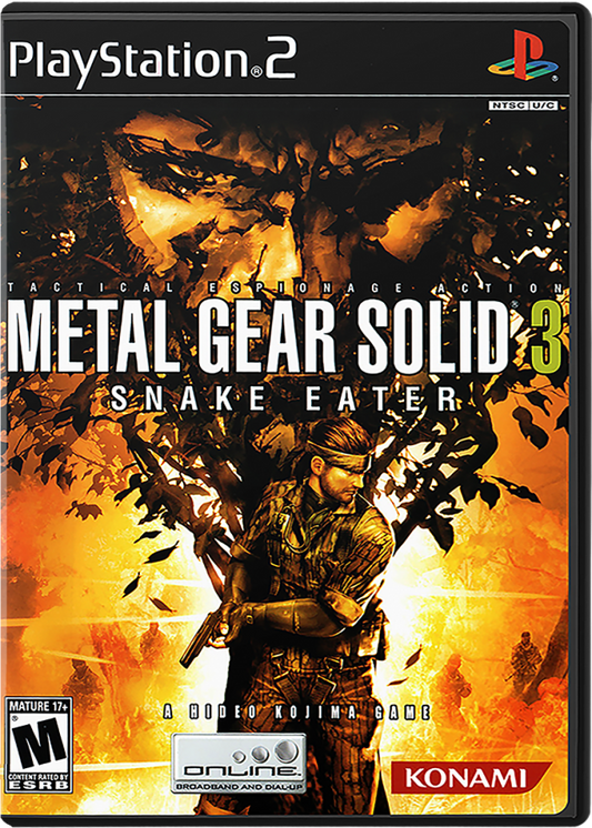 Metal Gear Solid 3 Snake Eater cover art for Playstation 2 (PS2) video game.